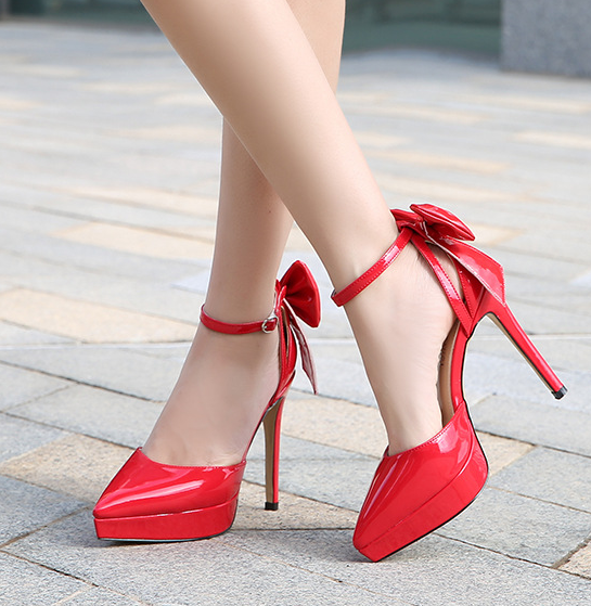 รองเท้าส้นสูง 4.8 นิ้ว งานรัดข้อแต่งโบว์หลัง ไซส์ 34-43 สีดำ/ขาว/นู๊ด/แดง/แดงเลือดหมู