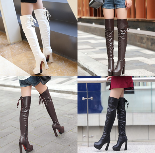 รองเท้าบูทยาวส้นสูงหนังสีดำ/น้ำตาล/ขาว ไซต์ 33-43