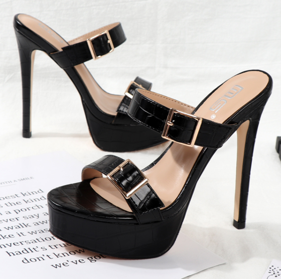 รองเท้าส้นสูงแบบสวมหนังบุลาย ไซต์ 34-41 สีดำ/ขาว/น้ำตาล/กรม