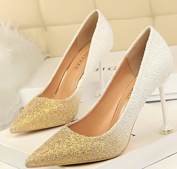 รองเท้าคัทชูส้นสูงงานกากเพชรทูโทน ไซต์ 34-40 สีชมทอง/ดำเงิน/ดำแชมเปน/ดำทอง/ทองเงิน/ทองขาว