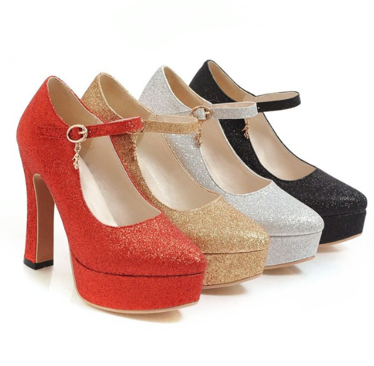 รองเท้าคัทชูส้นสูงปลายแหลมสีเงิน/ทอง/แดง/ดำ ไซต์ 34-43
