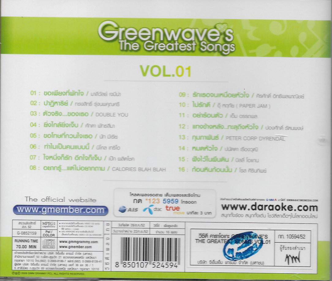 VCD Karaoke,Greenwave's The Greatest Songs Vol. 1 (วีซีดี คาราโอเกะ)(2552)