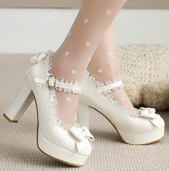 รองเท้าส้นสูงหนา 4 นิ้ว สีชมพู/ขาว/ดำ/ครีม ไซต์ 34-43