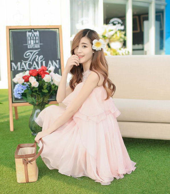 ***หมดค่ะ***เดรสชีฟองแขนกุดสีชมพู ปักคริสตัลช่วงอก กระโปรมพริ้วสวยหวาน น่ารักมากๆค่ะ