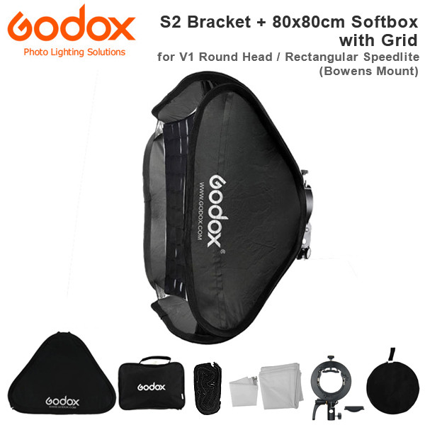 Godox S2 Speedlite Bracket with Softbox, Grid & Carrying Bag Kit (31.5 x 31.5")