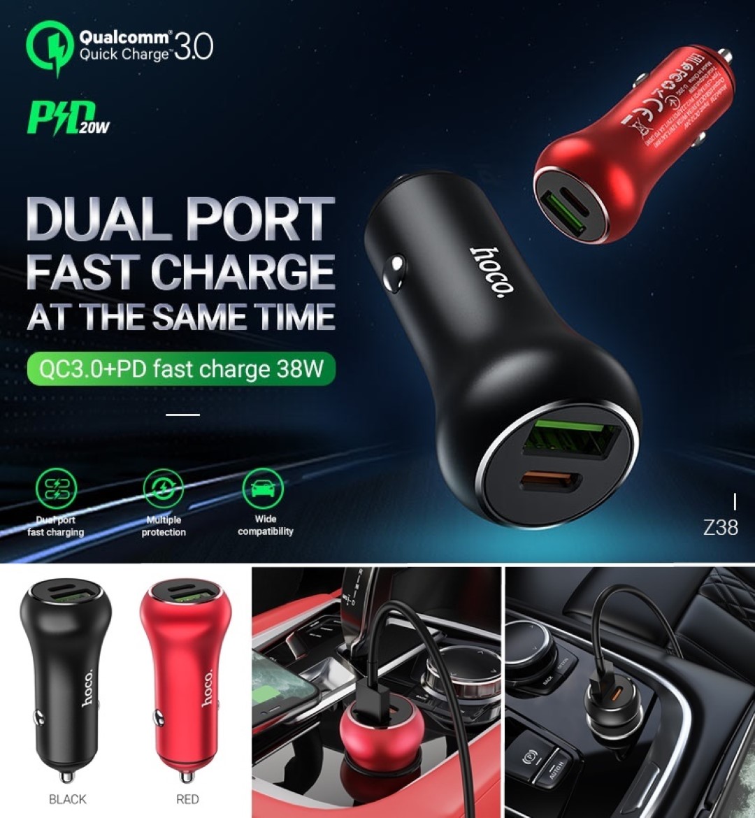 HOCO Z38 ที่ชาร์จในรถ PD Type-C + USB QC 3.0 (38W total output) Car Charger ชาร์จไว ใบกำกับภาษี