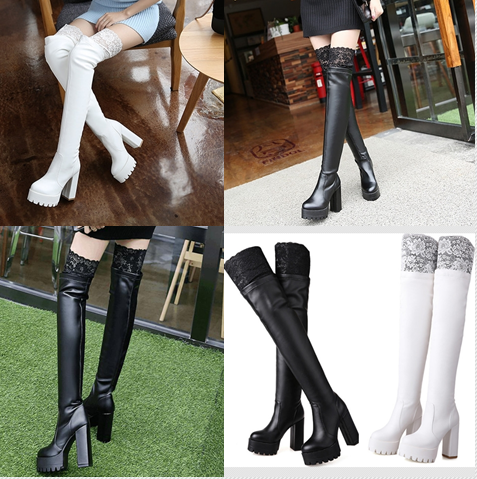 รองเท้าบูทยาวส้นสูงหนังยืดสีดำ/ขาว ไซต์ 34-42