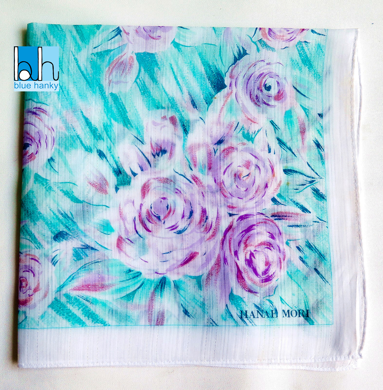 #174 19" HANAE MORI ผ้าเช็ดหน้ามือ2 สภาพดี ผ้าเช็ดหน้าผืนใหญ่