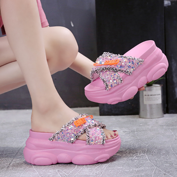 รองเท้าส้นเตารีดแบบสวมสายไขว้สีชมพู/ขาว/ดำ ไซต์ 34-39