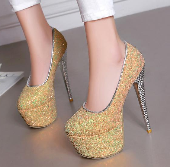 รองเท้าส้นสูงเก็ดกลิ๊กเตอร์สีฟ้า/ม่วง/ทอง/ชม ไซต์ 34-43