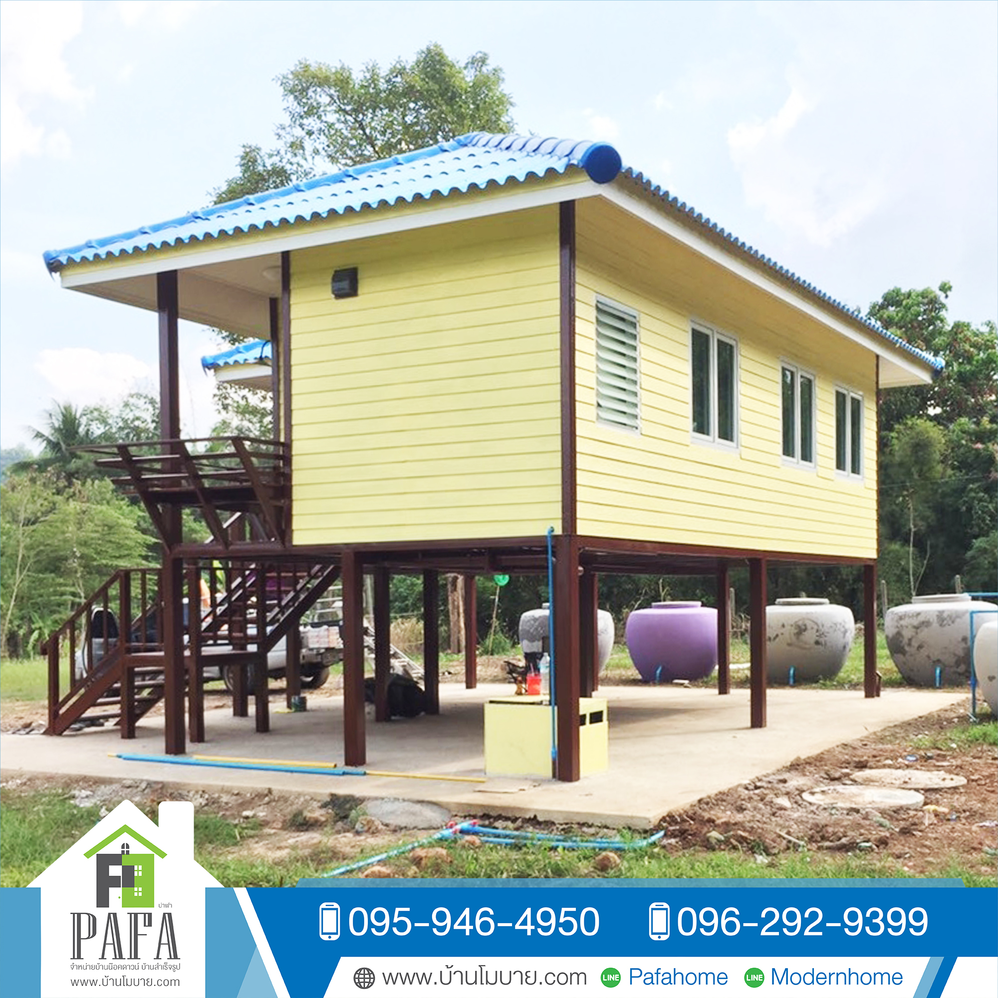 บ้านน็อคดาวน์ขนาด 4*8 เมตร พร้อมระเบียง 2*5 เมตร ยกสูง 1.8 เมตร