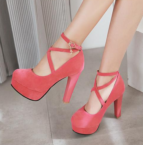 รองเท้าส้นสูงส้นหนาสายไขว้หน้า ไซต์ 34-43 สีดำ-ครีม/ชมพู/ส้ม/น้ำเงิน