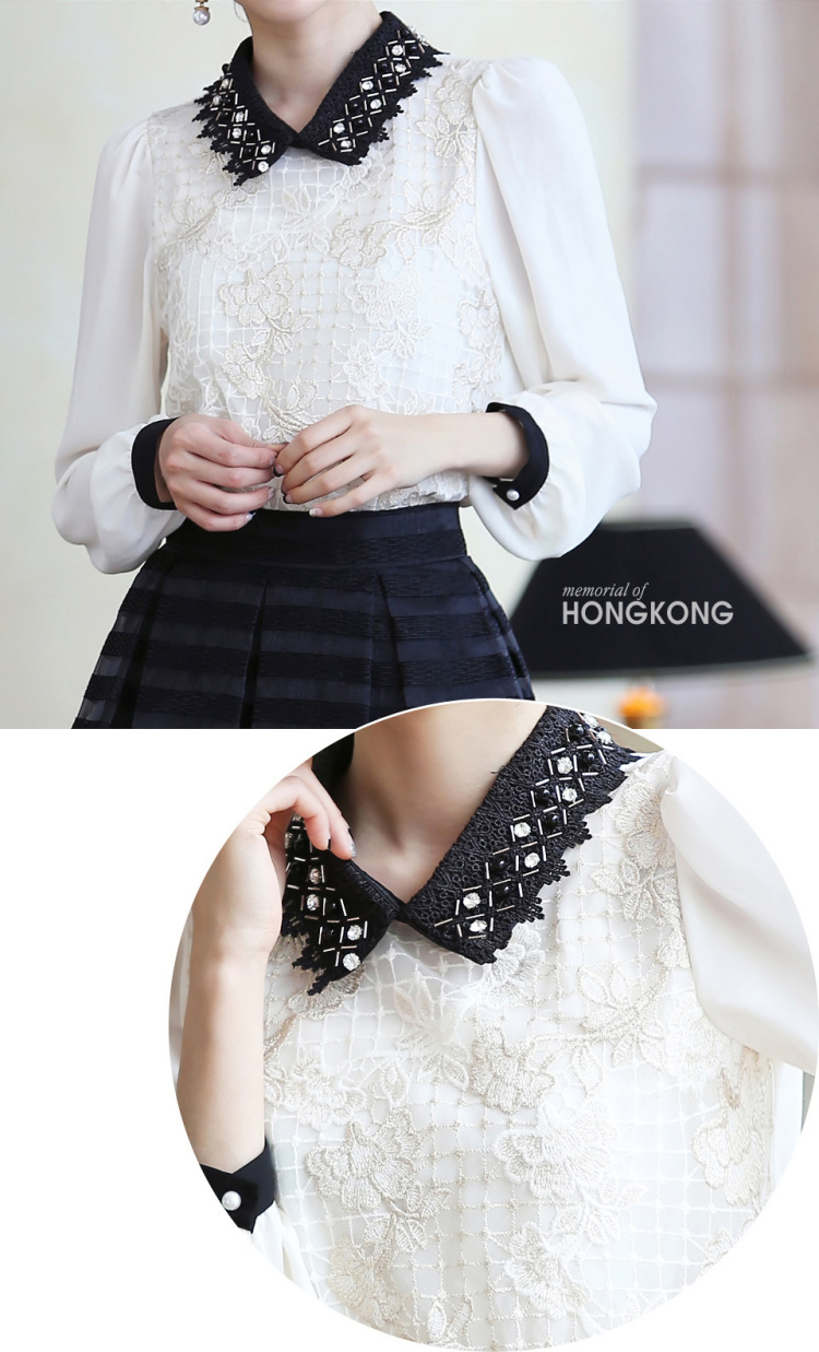 ***หมดค่ะ***เสื้อด้านหน้าผ้าลูกไม้ปักดิ้นทอง ต่อปกเสื้อสีดำปักมุก แขนยาว แต่งแถบปลายแขนสีดำ