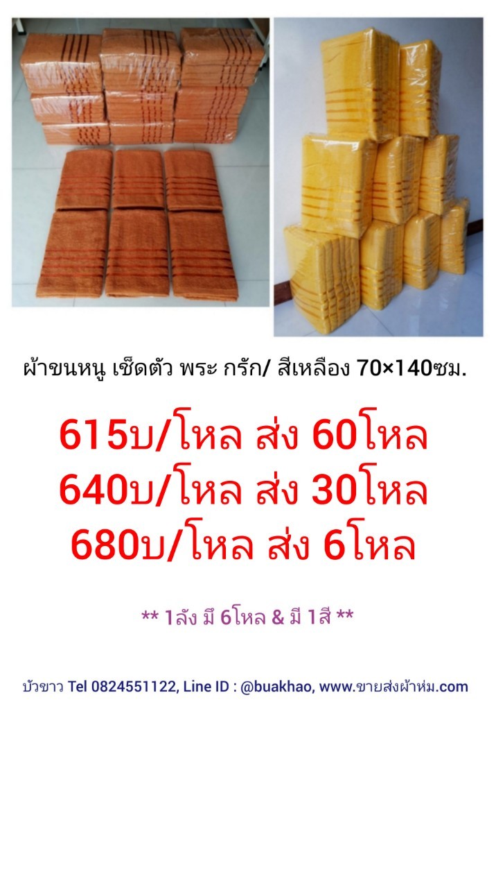 ผ้าขหนู พระ สีเหลือง / สีกรัก 70*140ซม. โหลละ 680 บาท ส่ง 6 โหล