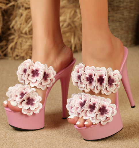 รองเท้าส้นสูงแบบสวมแต่งดอกไม้ ไซส์ 34-43 สีแอพพริคอท/ชมพู/ขาว/ฟ้า
