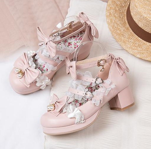 รองเท้าส้นสูงเจ้าหญิงน่ารักๆ ไซต์ 34-43 สีดำ/ครีม/ชม/ม่วง