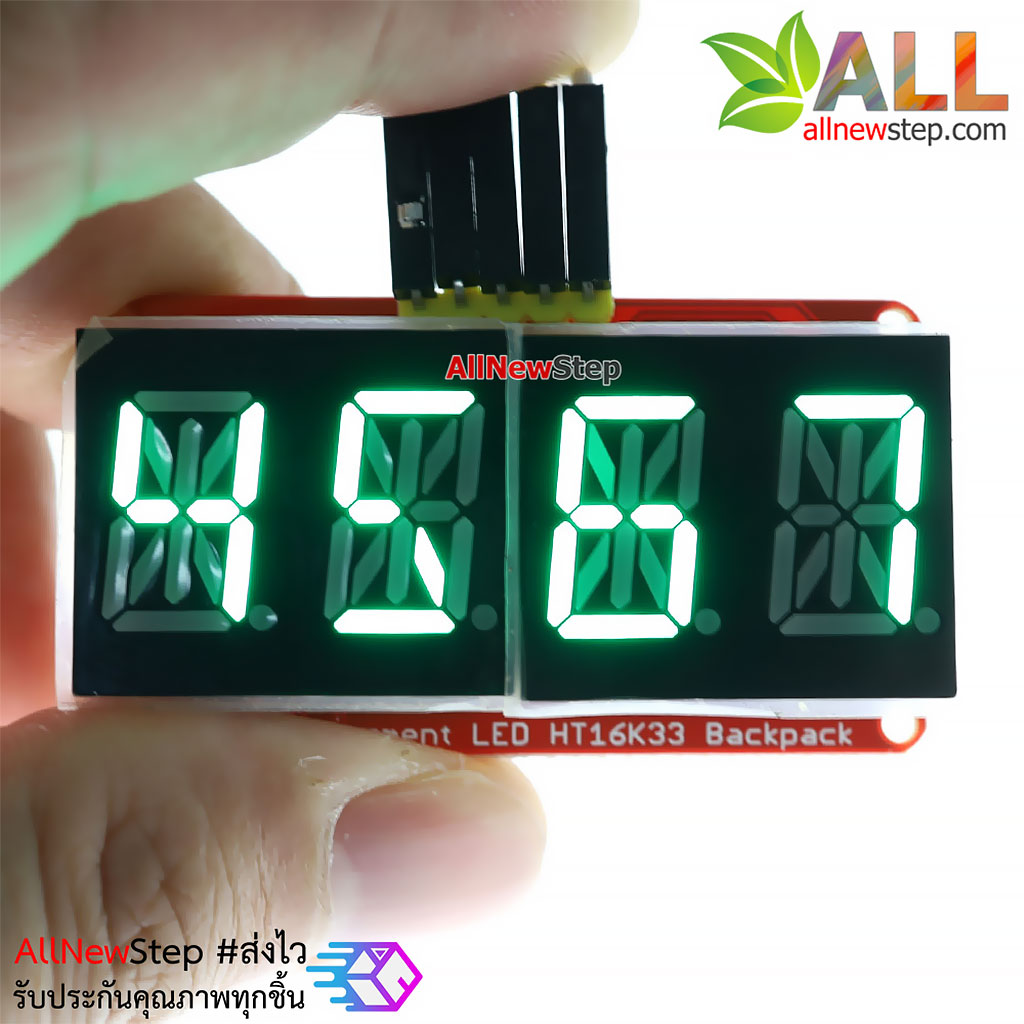 จอ LED 0.54 นิ้ว 4 หลัก 14-Segment ชิฟ HT16K33 สีเขียว