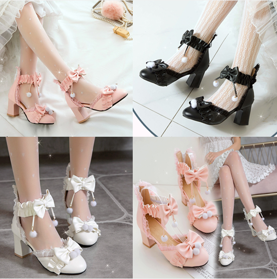 รองเท้าส้นสูงงานสายรัดข้อแต่งโบว์น่ารักๆ ไซต์ 34-43 สีดำ/ขาว/ชม