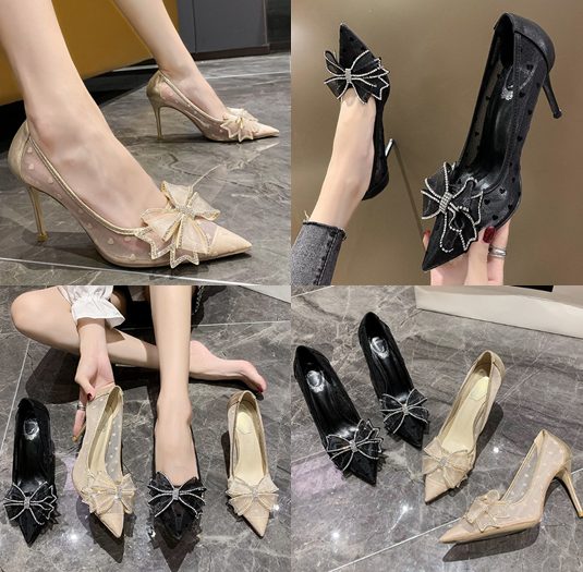 รองเท้าส้นสูงปลายแหลมแต่งโบว์คริสตัลสีทอง/ดำ ไซต์ 35-39