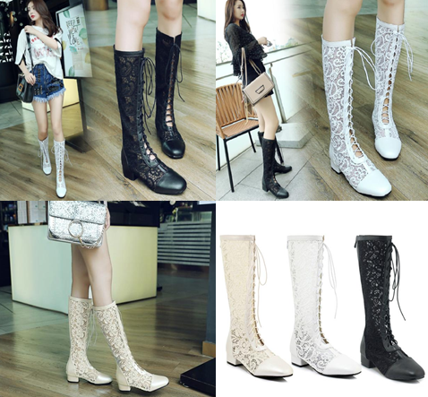 รองเท้าบูทยาวผ้าลูกไม้โปร่งสีขาว/ดำ/ครีม ไซต์ 34-43