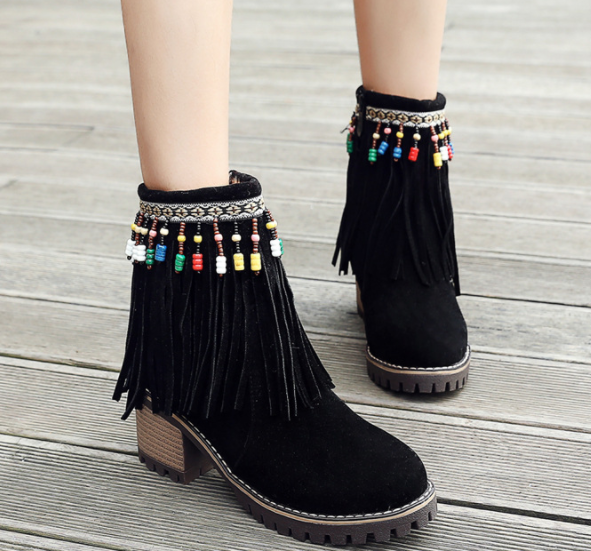 รองเท้าบูทสไตล์ชนเผ่า ไซต์ 34-43 สีดำ/แดง/แอพพริคอท/น้ำตาล