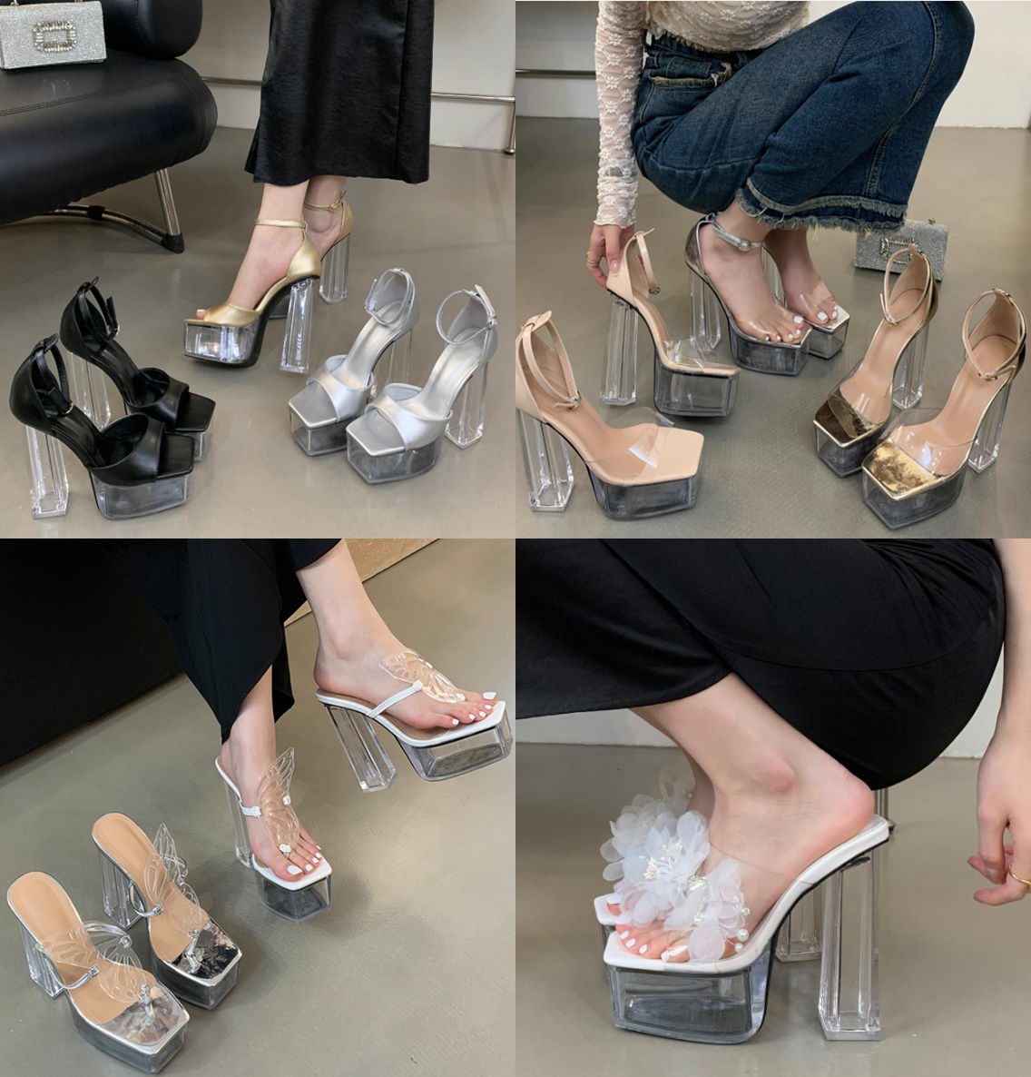 รองเท้าส้นแก้วส้นใหญ่สูง 6 นิ้ว ไซส์ 35-40 มี 4 รุ่น