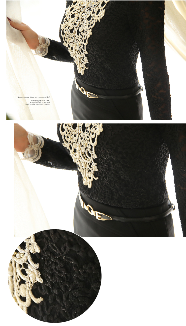 **พร้อมส่ง**เสื้อใส่ทำงานผ้าลูกไม้คอติดมีระบายสีดำแขนยาว ดีเทลตกแต่งช่วงอกด้วยลูกไม้ปักลายใบไม้สีครีมทอง ปลายแขนประดับผ้าโปร่งปักลายดอกไม้สีทอง สวยคุณภาพดีเหมือนแบบค่ะ