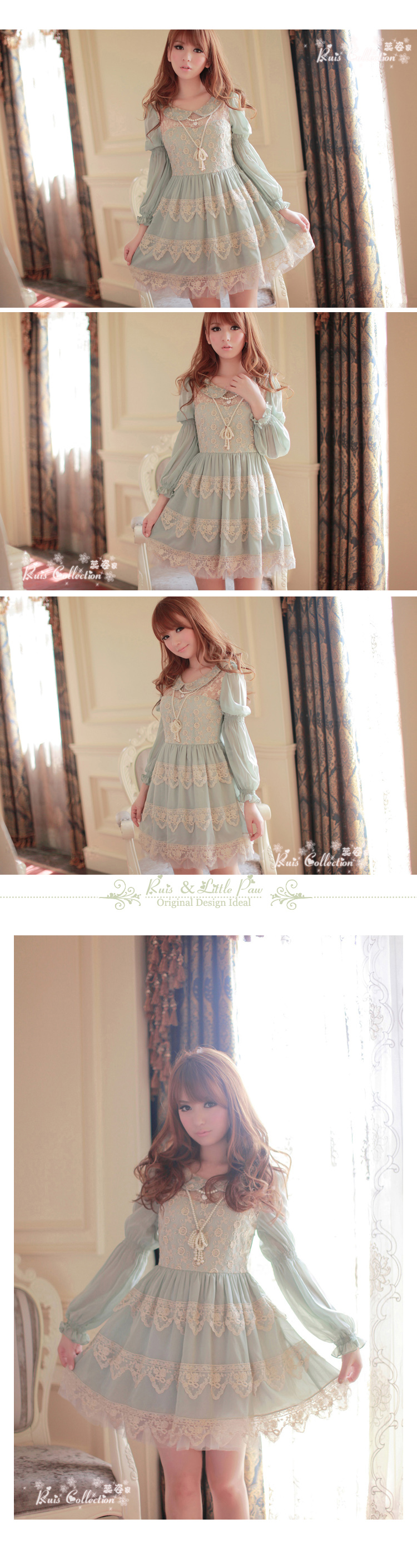 ***พร้อมส่ง***เดรสตาข่ายสีเขียวคอบัว แขนยาว ปักดิ้นสีทองรูปดอกแอสเทอร์สไตล์เจ้าหญิง