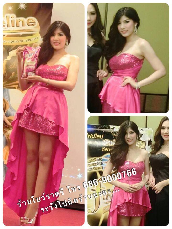 ชุดราตรีหน้าสั้นหลังยาวสั้นชมพูบานเย็น ปักเลื่อมวิ้งๆ