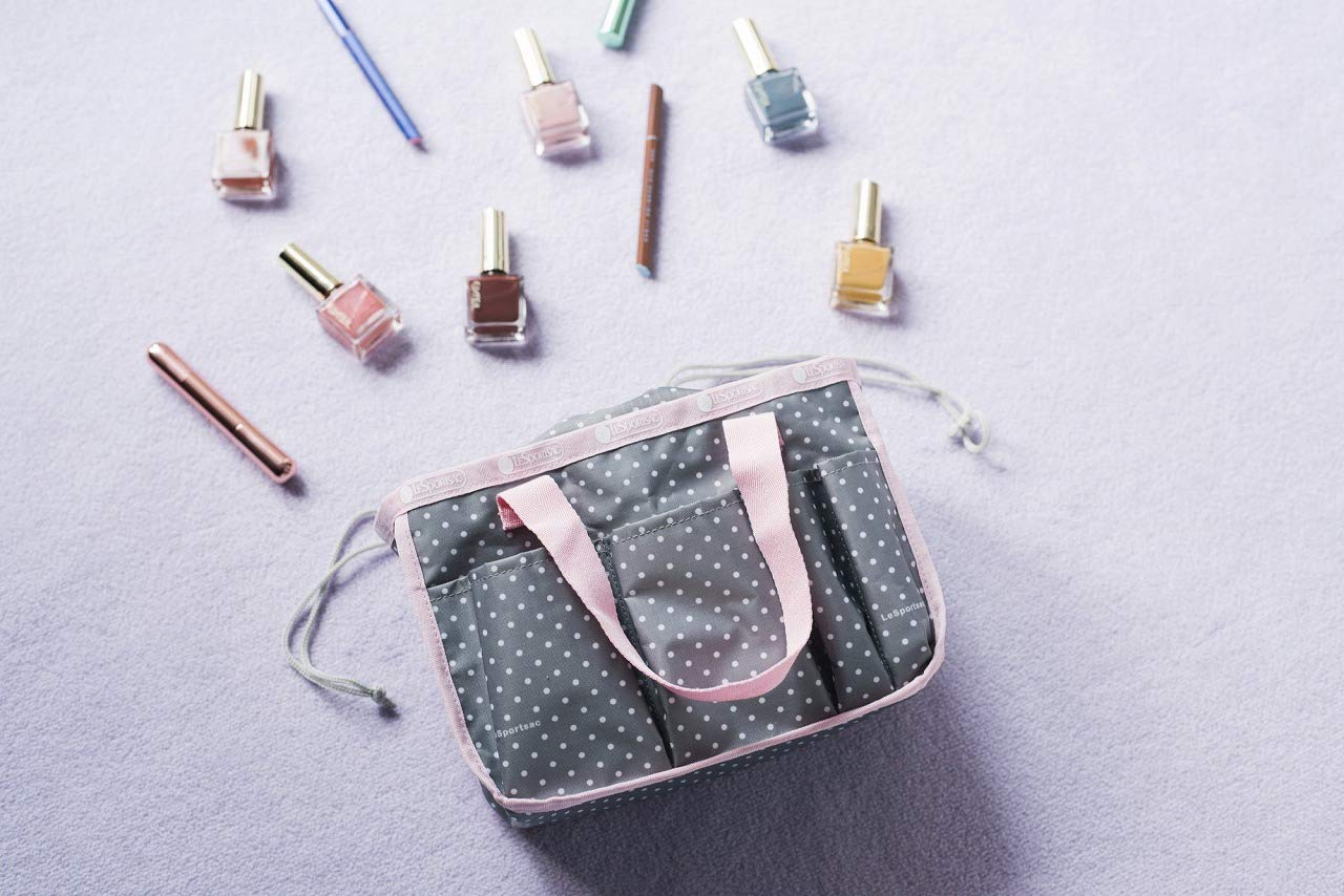 LeSportsac Multi Box Strawberry Patch กระเป๋าถือจัดระเบียบสีเทา ลายผ้ายอดนิยมของLeSportsac พร้อมช่องใส่ของหลากหลาย