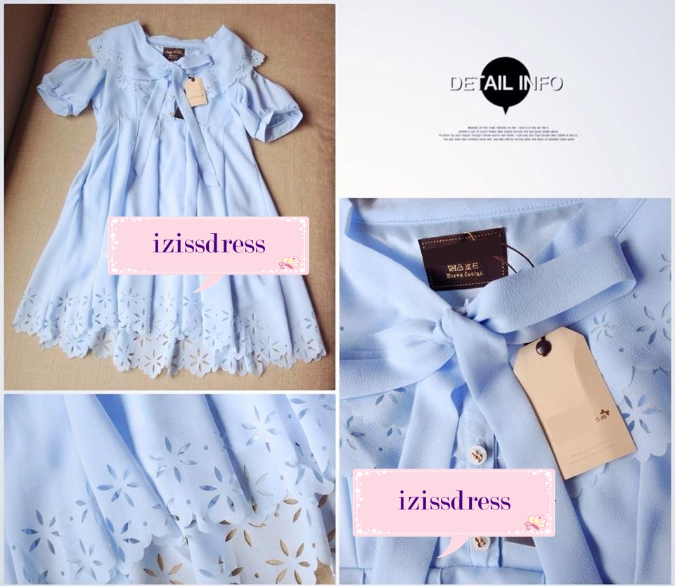 ***หมดค่ะ***ดรสสีฟ้าสดใส ปกและชายกระโปรงฉลุลายดอกไม้ ช่วงไหล่เว้าแขนตุ๊กตาค่ะ น่ารักมากๆ