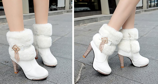 รองเท้าบูทส้นสูงแต่งขนปุยสีขาว/ดำ ไซต์ 35-40