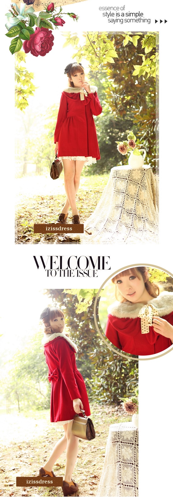 M072 ***พร้อมส่งไซส์ S มีแค่ชุดไม่มีเฟอร์นะคะ***เสื้อโค้ทกันหนาวสีแดง ปกคอบัวเล่นดีเทลปกด้านขวาร้อยผ่านเป็นรูปโบว์ด้านหน้า ด้านหลังติดโบว์ สวยเหมือนแบบค่ะ