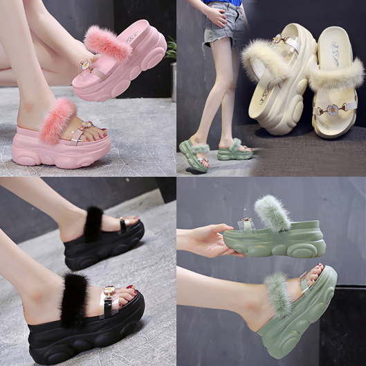 รองเท้าส้นเตารีดพื้นหมีแบบสวม ไซต์ 34-39 สีดำ/ครีม/ชมพู/เขียว