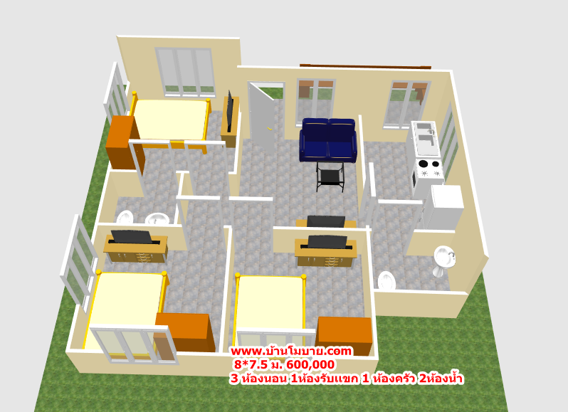 บ้านโมเดิร์นขนาด 8*7.5 ระเบียง 1.5*5 เมตร (3ห้องนอน 2ห้องน้ำ 1ห้องนั่งเล่น 1ห้องครัว)