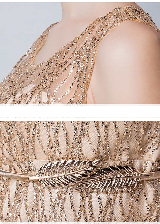 **พร้อมส่ง**เดรสยาวสไตล์เกาหลีสีทอง ผ้าทอลายนูนระยิบระยับ แขนกุด เข้ารูปช่วงเอวพร้อมเข็มขัดรูปใบไม้ สวยหรูหราไฮโซมากๆ ติดซิปด้านหลัง มีซับในเรียบร้อย คุณภาพดีมากๆค่ะ