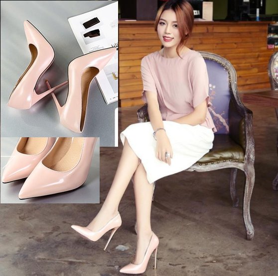 รองเท้าคัทชูส้นเข็มปลายแหลมสูง 4.8 นิ้ว ไซต์ 34-46 สีดำ/แดง/ชม/แอพพริคอท