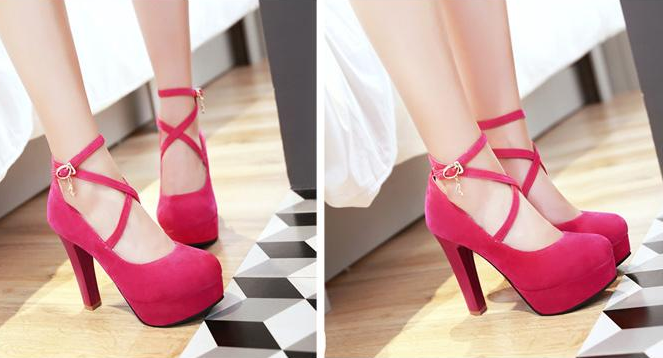รองเท้าส้นสูงส้นหนาสายไขว้หน้า ไซต์ 34-43 สีดำ-ครีม/ชมพู/ส้ม/น้ำเงิน