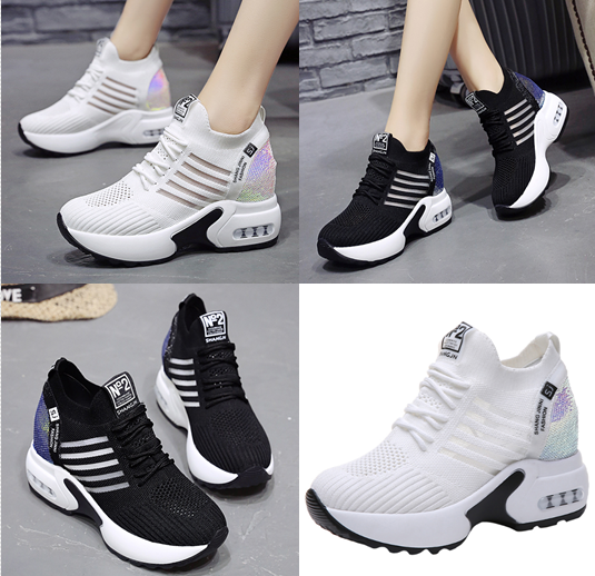รองเท้าผ้าใบเสริมส้นผ้าตาข่ายโปร่งสีขาว/ดำ ไซต์ 35-40