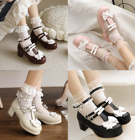 รองเท้าส้นสูง 2 นิ้วน่ารักๆ ไซต์ 34-46 สีดำ/น้ำตาล/ครีม/ชมพู