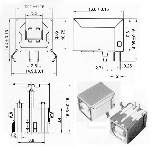 หัว USB type B Right Angle(90 Degree) Female PCB Connector Socket USB Jack Plug