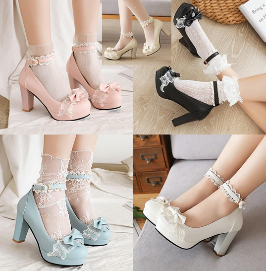 รองเท้าส้นสูง 3.4 นิ้วน่ารักๆ ไซต์ 34-43 สีดำ/ขาว/ครีม/ชม/ฟ้า