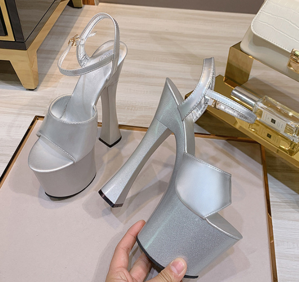 รองเท้าส้นสูง 7.2 นิ้วส้นหนาทรงรัดข้อ ไซต์ 34-43 สีดำ/แดง/ชมพูเข้ม/ชมพูอ่อน/เงิน/เหลือง/ฟ้า/ม่วง/ขาว