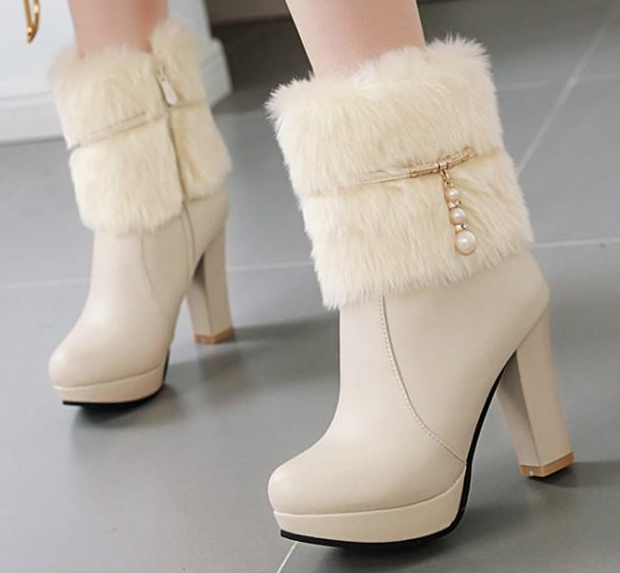 รองเท้าบูทส้นสูงแต่งขนปุยสีชมพู/ขาว/ครีม/ดำ ไซต์ 34-43