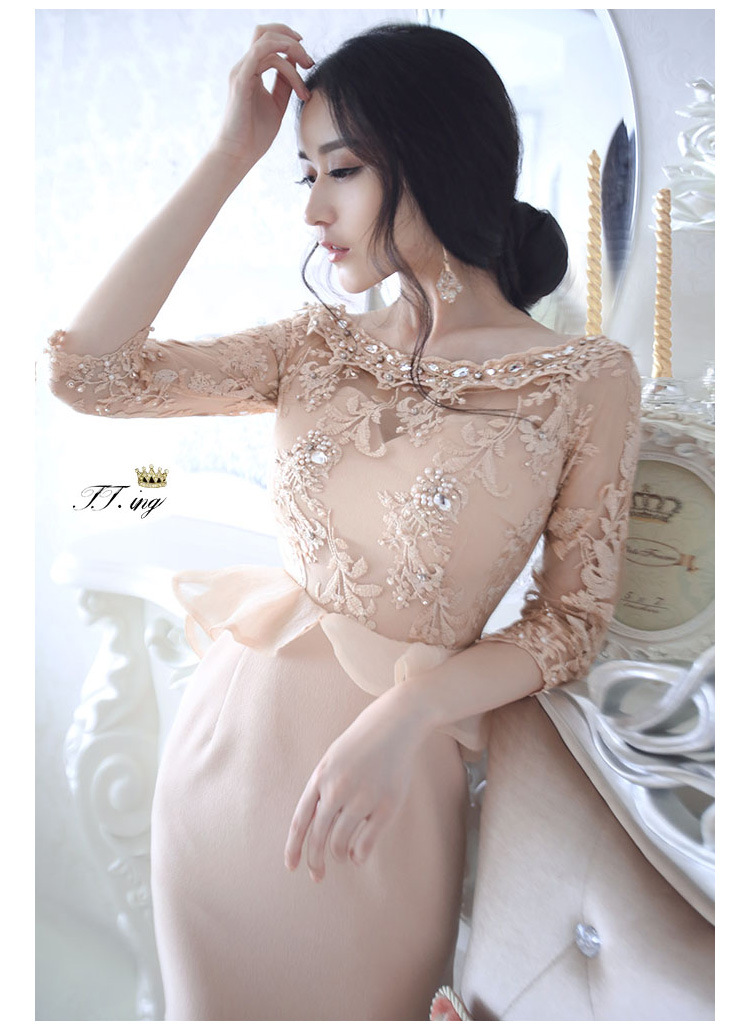 **พร้อมส่ง ด่วนจำนวนจำกัดค่ะ**เดรสใส่ไปงานแต่งสีตาลแขนยาว ดีเทลชุดซีทรูผ้าลูกไม้ลายดอกไม้หรูหรา ดีเทลผ้าตาข่ายโปร่งสีดำช่วงอกและแขน ซับในสีน้ำตาล สวยไฮโซคุณภาพดีเหมือนแบบค่ะ