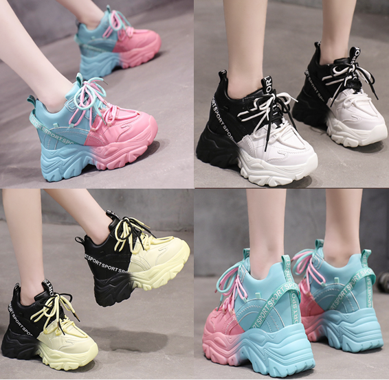 รองเท้าผ้าใบเสริมส้นสีชมพู/ขาว/เหลือง ไซส์ 34-39
