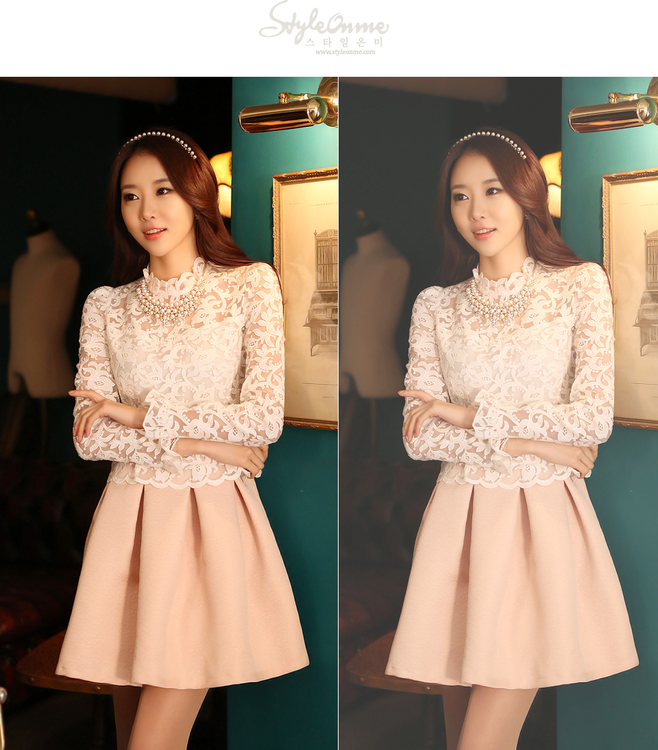 ***หมดค่ะ***เดรสช่วงบนผ้าลูกไม้สีขาวคอติดแขนยาวมีซับใน ต่อด้วยกระโปรงผ้าพื้นอยู่ทรงจับจีบรอบกระโปรง