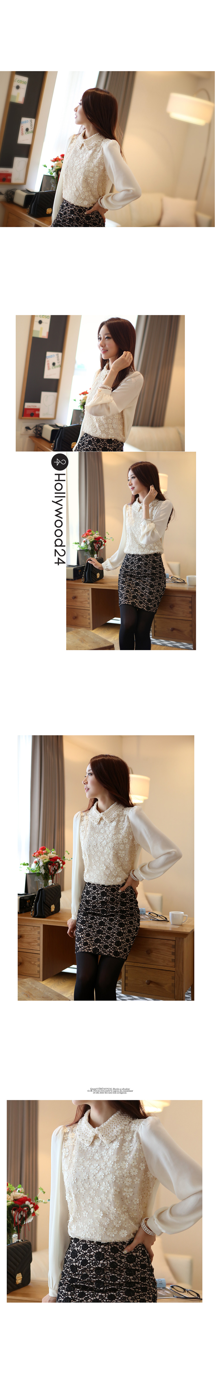 ***หมดค่ะ***เสื้อลูกไม้สีครีม แขนยาวผ้าชีฟอง คอปกปักมุก ด้านหลังติดกระดุมที่คอสวยมากค่ะ