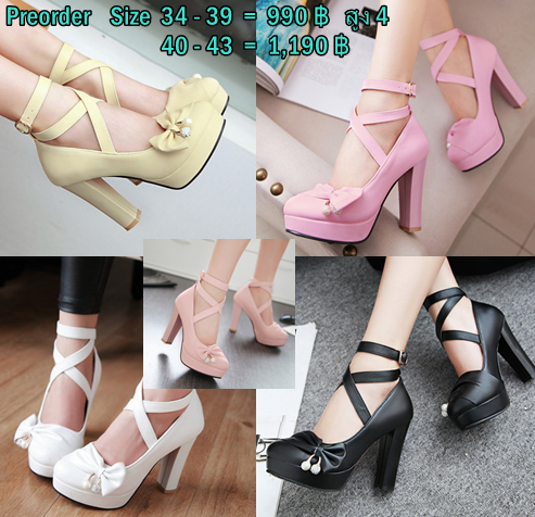 รองเท้าส้นสูงน่ารักๆสีม่วง/ชมพู/ครีม/ขาว/ดำ ไซต์ 34-43