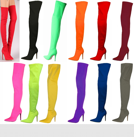 รองเท้าบูทยาวถึงต้นขาส้นสูงปลายแหลมผ้ามัน ไซต์ 34-44 สีดำ/แดง/แดงเข้ม/เหลือง/เขียว/เขียวอ่อน/ชมพู/ม่วง/น้ำเงิน/เทา/ส้ม